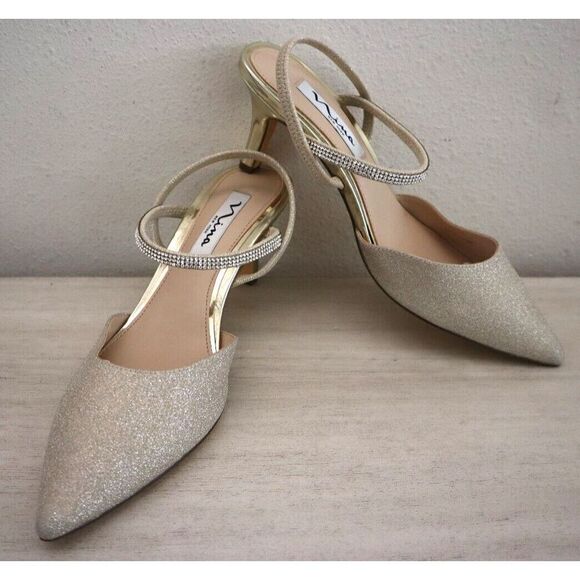 Nina New York Women's Sz 8M Gold Glitter Billie Mid-Heel Closed-Toe Pumps - Picture 1 of 11